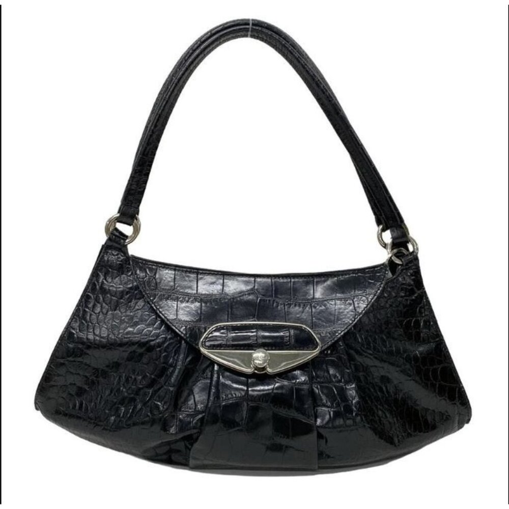 Furla Black Croc-Embossed Shoulder Bag with Silver Hardware